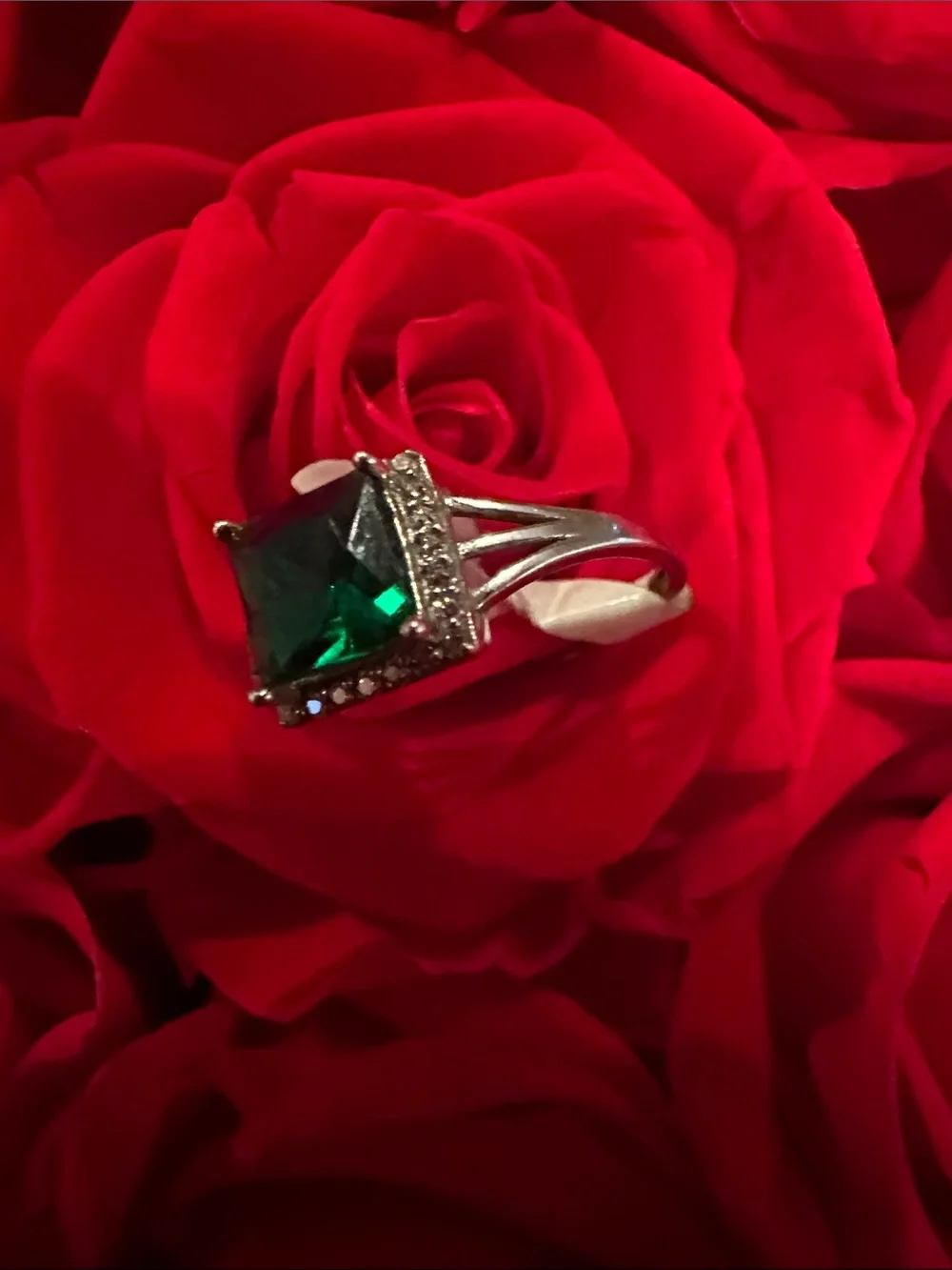 Emerald Square-Cut Halo Ring - Green